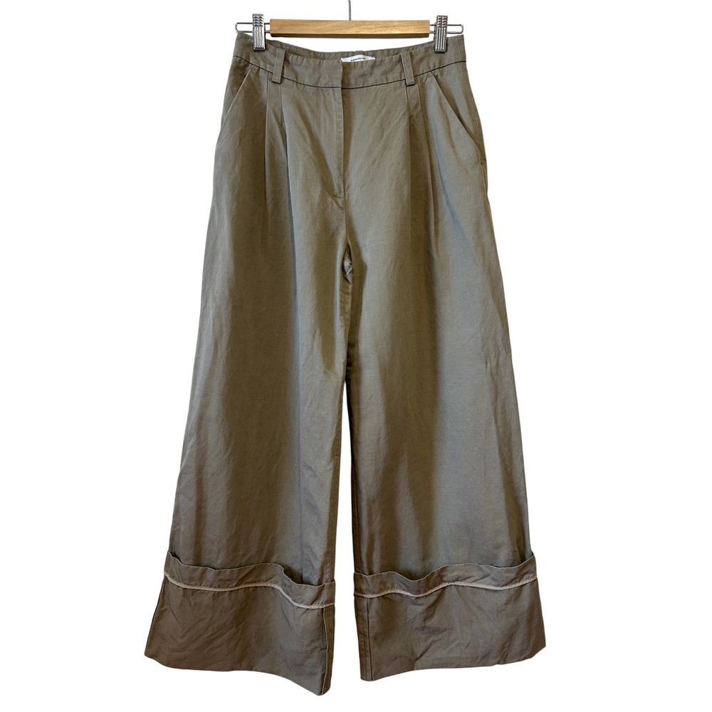 & Other Stories Pants Size 2 Taupe Cotton Linen Wide‎ Leg Pleated Cuffed Coastal